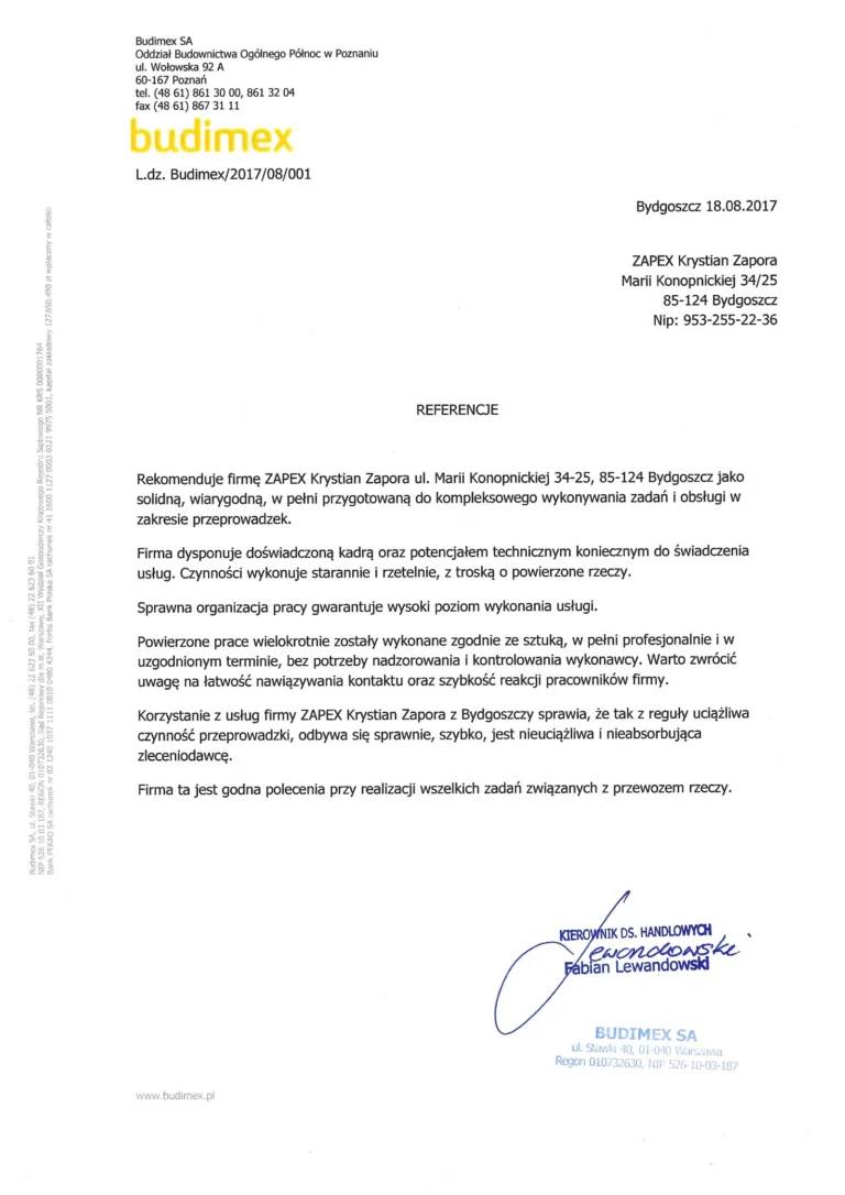 referencje od firmy budimex dla firmy zapex przeprowadzki z bydgoszczy